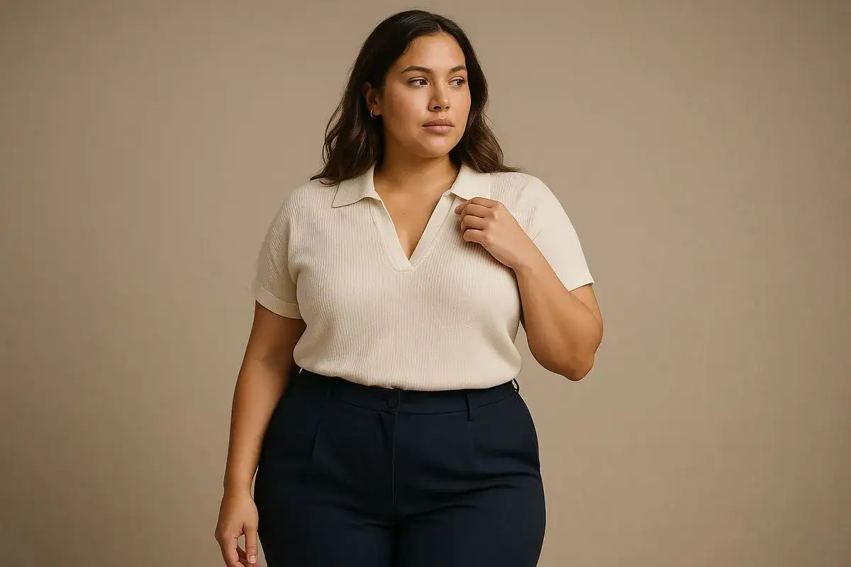 Mujer con caderas anchas, viste un suéter crema de punto y pantalones azul marino.