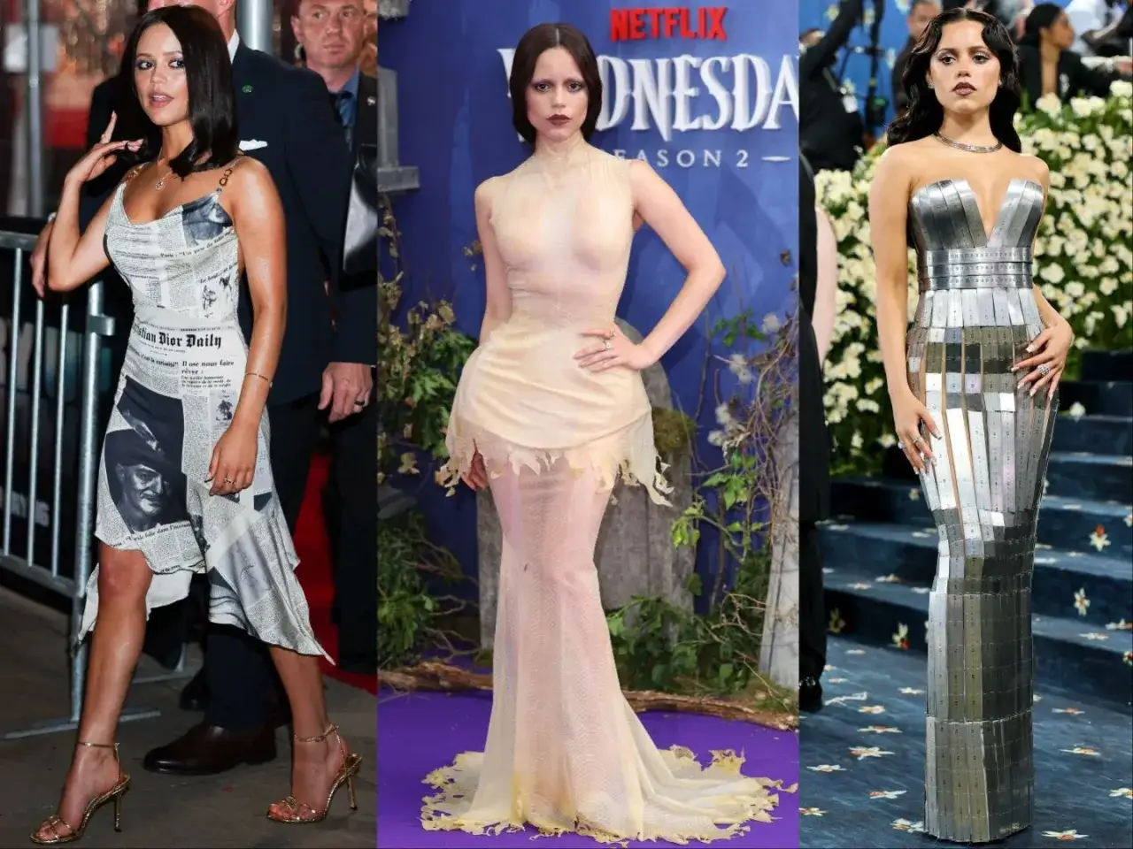 Jenna Ortega luce tres looks icónicos: uno de periódico, uno etéreo y uno metálico, mostrando su estilo en eventos como la Met Gala.