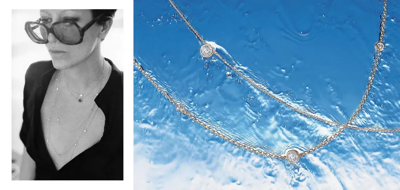 Collar de diamantes de Elsa Peretti, delicadas cadenas de oro con gemas flotando en agua azul.