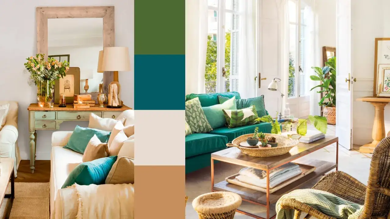 Paleta de colores que muestra cómo el azul y verde combinan en un salón acogedor con sofás, cojines y plantas.