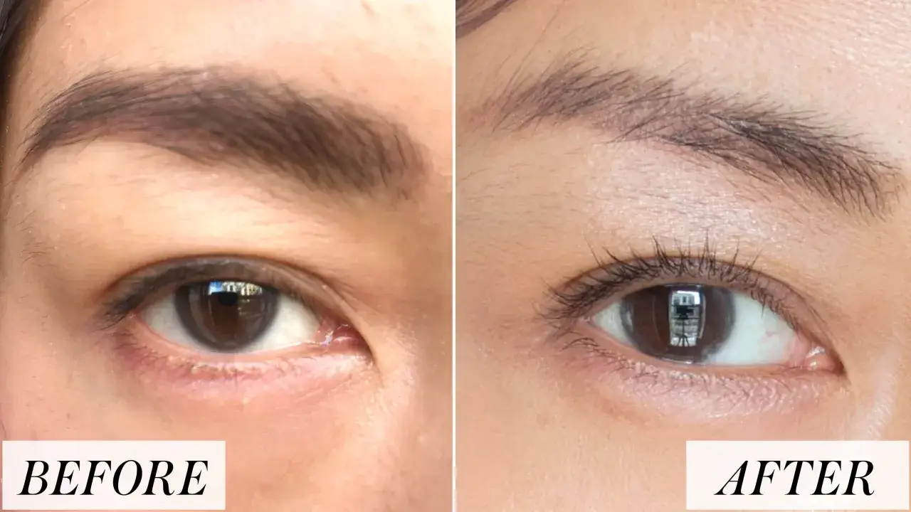 Ojo antes y después de un lifting de pestañas. Las pestañas se ven más largas y curvadas.