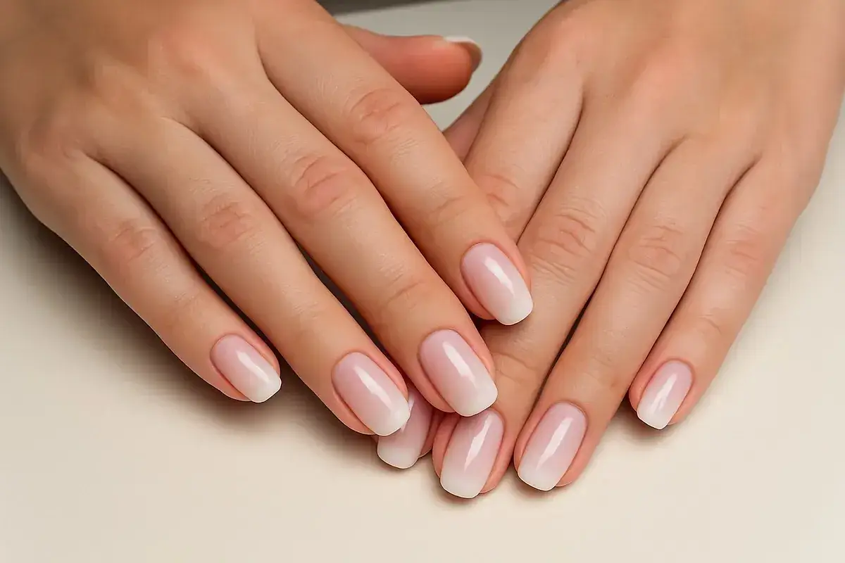 Manos con manicura rusa impecable, luciendo un degradado suave de rosa a blanco.