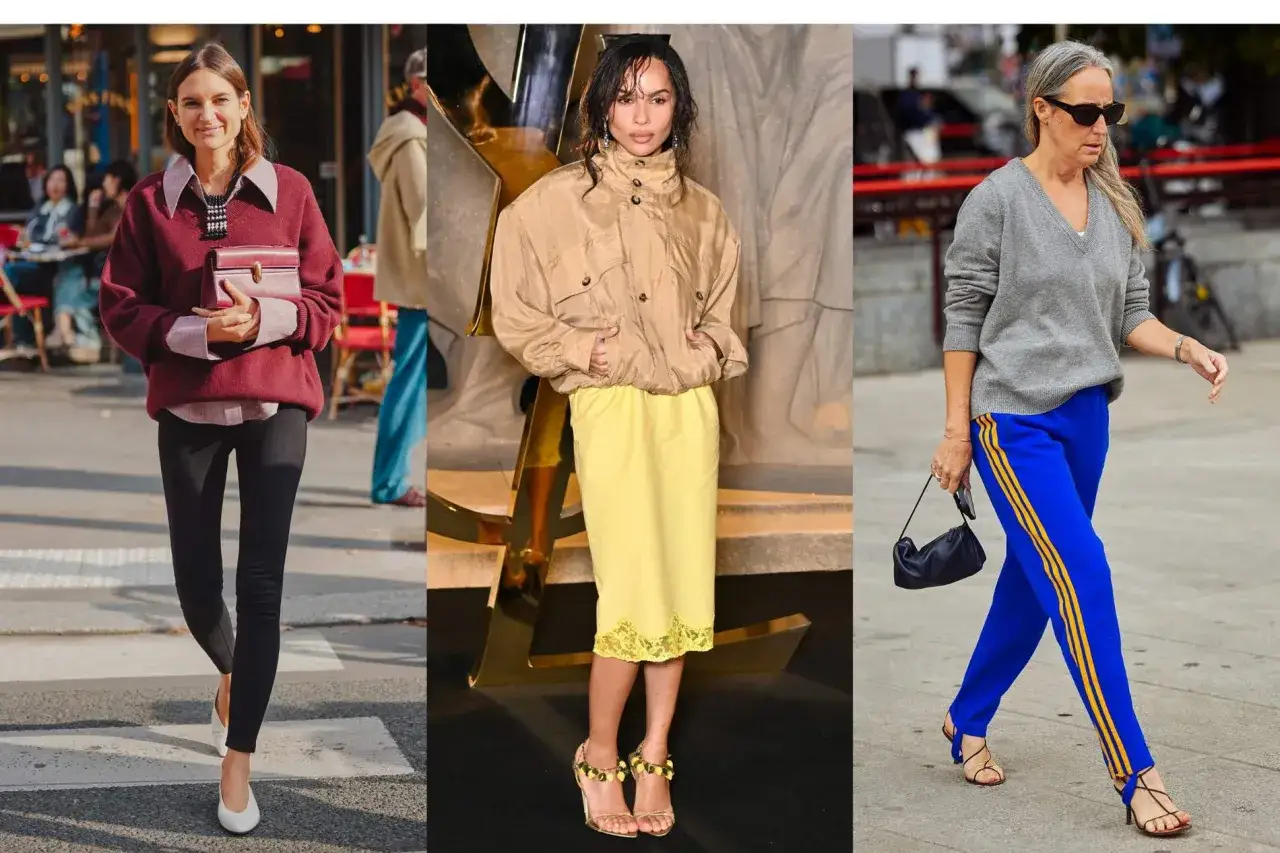 Tres mujeres lucen el estilo athleisure: una con jersey burdeos y leggings, otra con chaqueta beige y falda amarilla, y la tercera con jersey gris y pantalones deportivos azules.