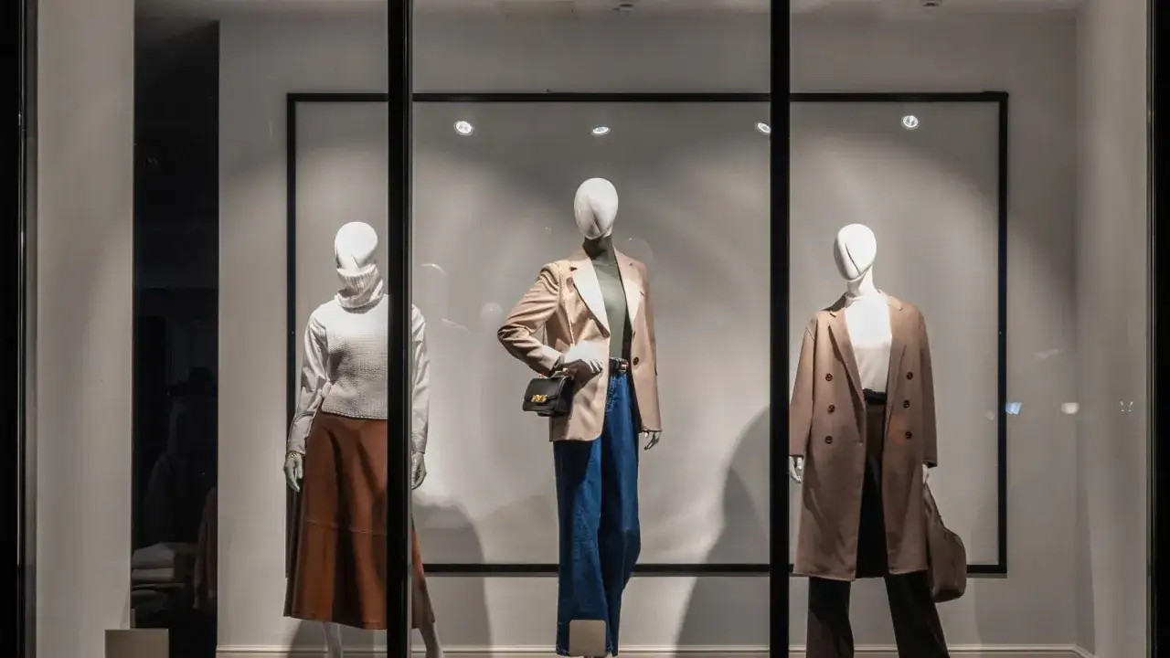 Maniquíes exhiben moda elegante, reflejando el estilo de marcas españolas de ropa.