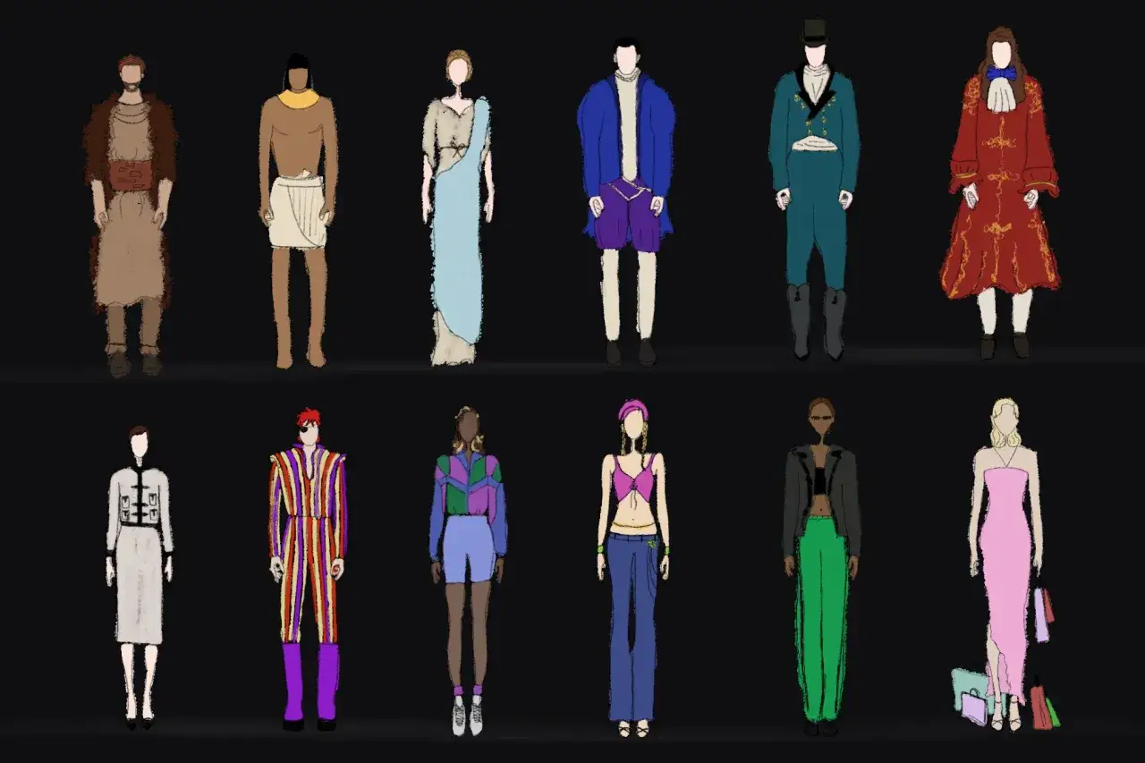 Un recorrido visual por la historia de la moda: desde trajes antiguos hasta atuendos modernos, cada figura representa una época.