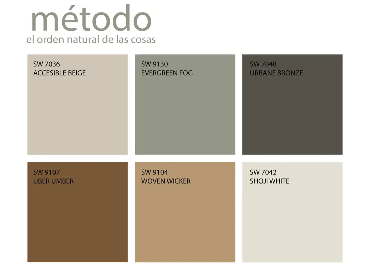 Paleta de colores neutra con tonos como beige, gris verdoso, bronce, marrón y blanco roto.