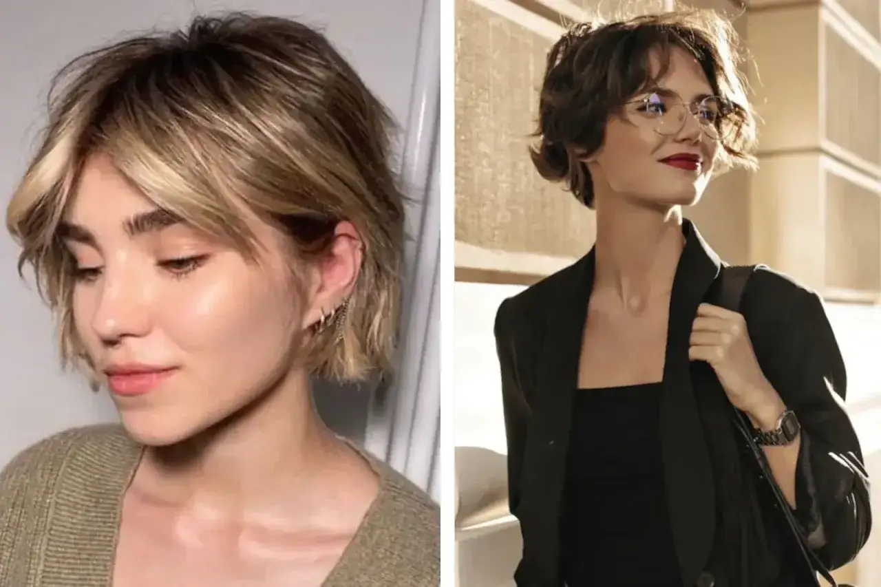Dos mujeres con un moderno corte bixie. Una luce un estilo rubio desordenado, la otra un look moreno con gafas.