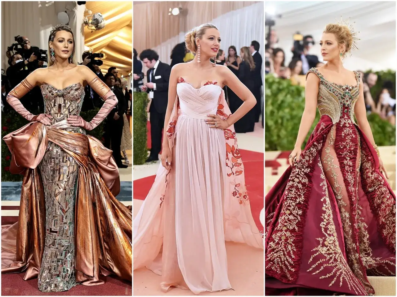 Blake Lively deslumbró en la Met Gala con tres looks icónicos: uno metálico con guantes, otro rosa etéreo y uno burdeos bordado.