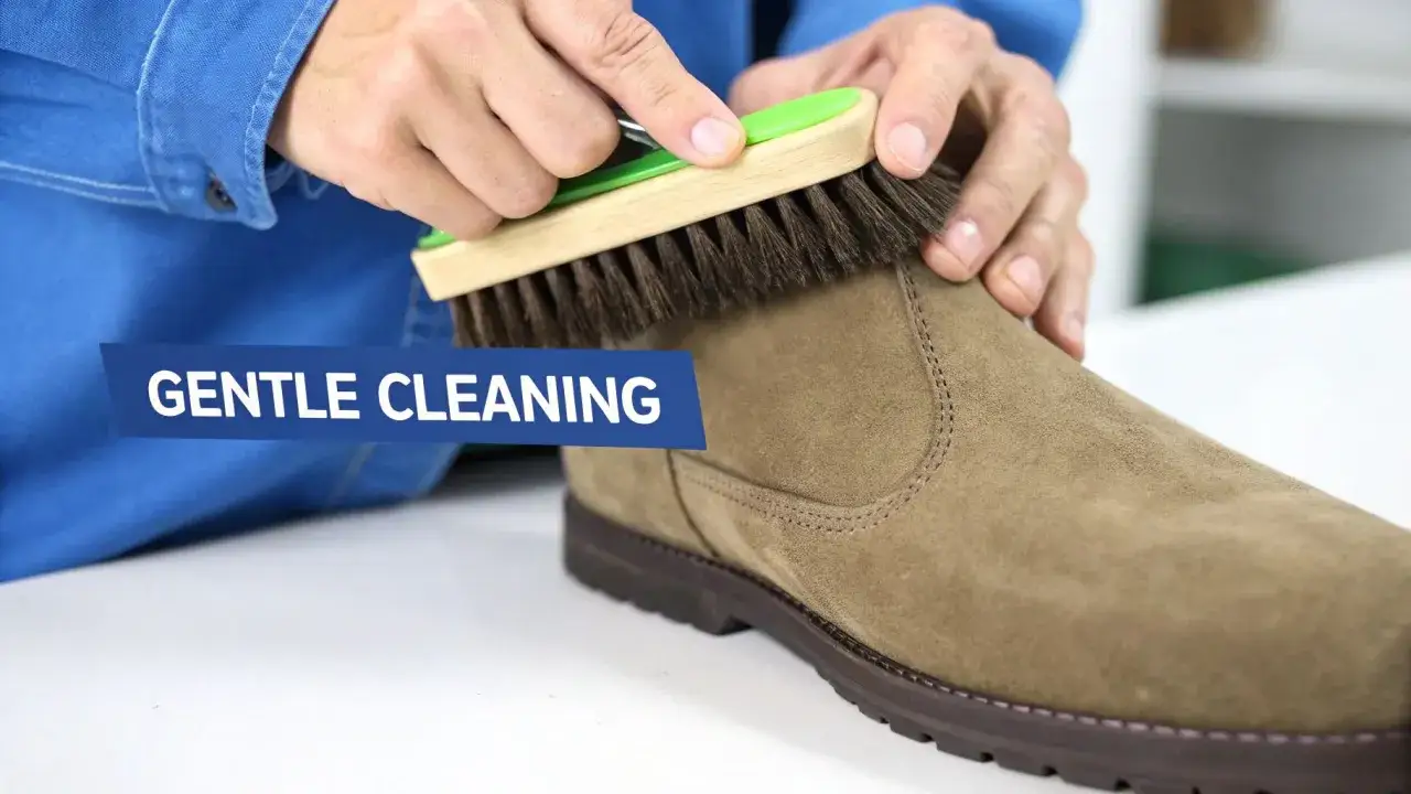 Man cepillando una bota de ante. Aprende como limpiar botas de terciopelo con este método suave.