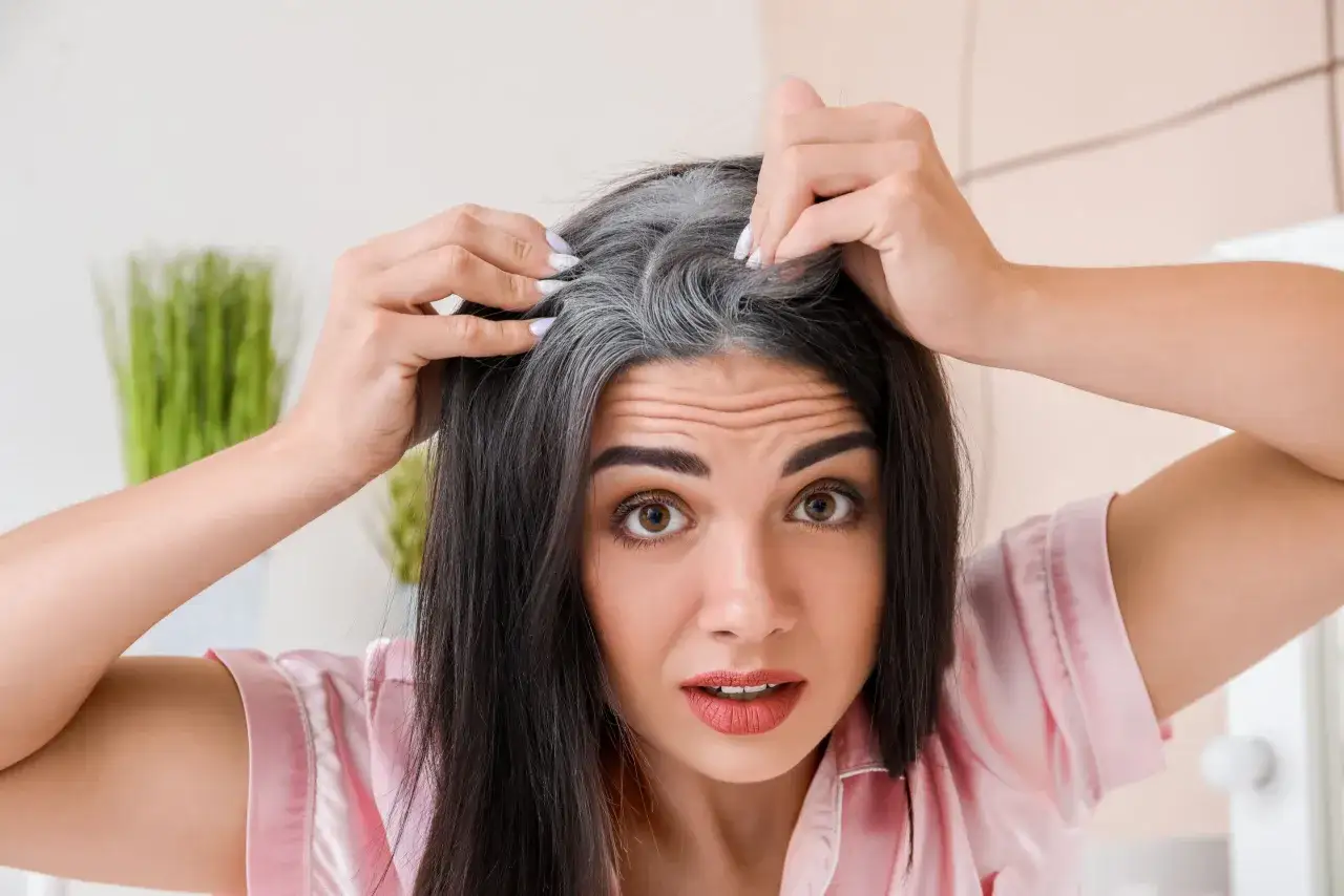 Mujer preocupada revisa sus canas, buscando cómo cubrir canas sin tinte. Su expresión refleja la sorpresa ante el descubrimiento.