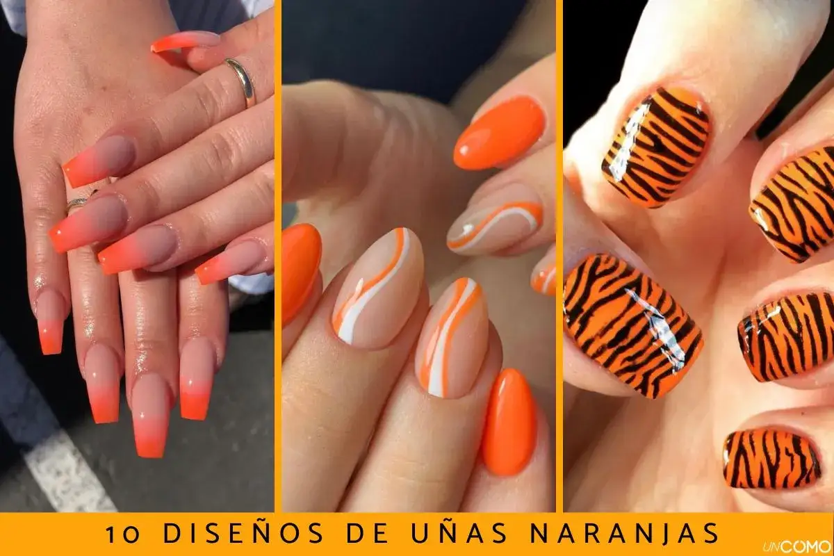 Uñas naranjas para el verano: degradado, con líneas blancas y naranjas, y diseño de tigre. ¡Perfectas para lucir radiante!