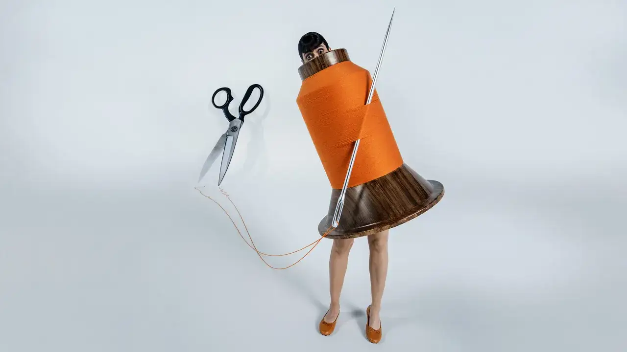 Una persona se esconde detrás de un carrete de hilo gigante, con tijeras y aguja, evocando el estilo de Tim Walker.