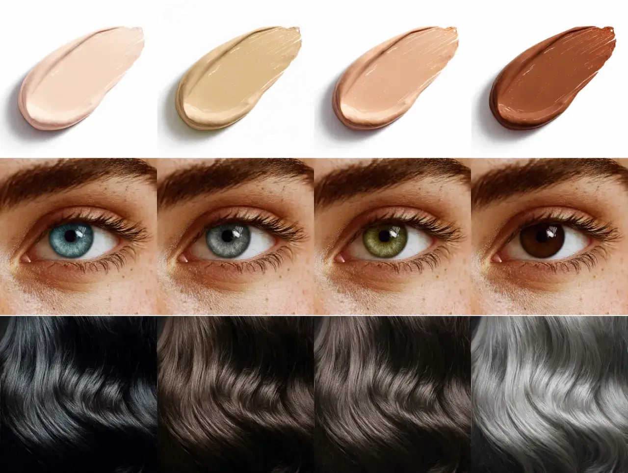 Muestras de bases de maquillaje, ojos de distintos colores y cabellos de diferentes tonos, creando un look de invierno brillante.