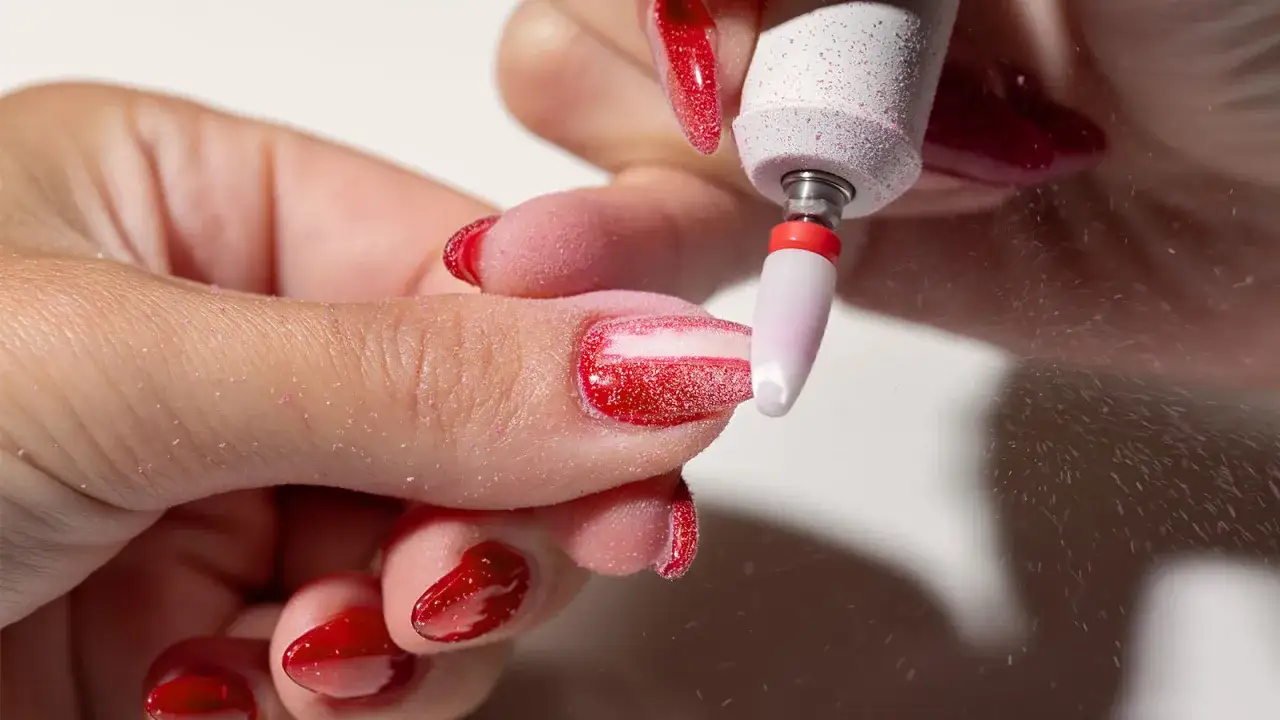 Manicura con torno para quitar uñas de gel. Polvo rosa se desprende mientras se trabaja en la uña.