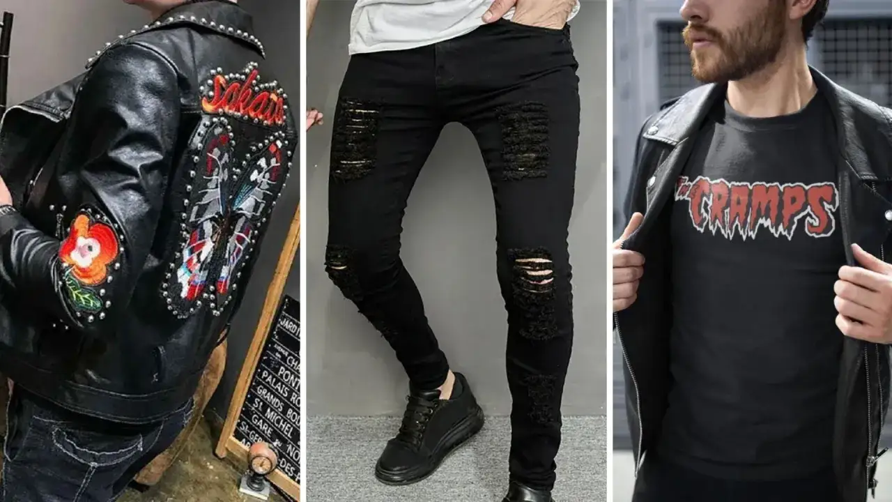 Chaqueta de cuero con parches y tachuelas, jeans rotos y camiseta de