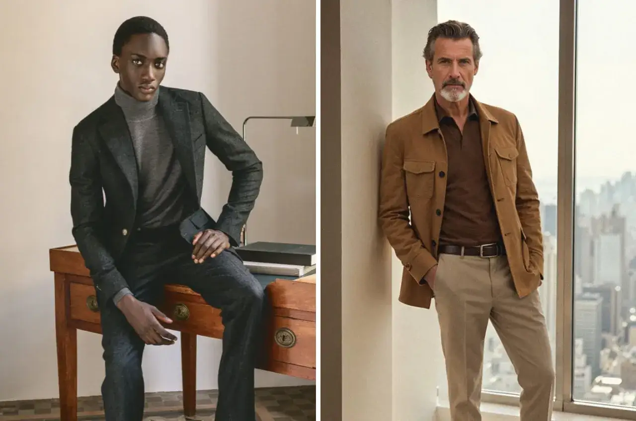 Joven con traje gris y cuello alto, hombre mayor con chaqueta marrón y polo. Ambos lucen un estilo look smart casual impecable.