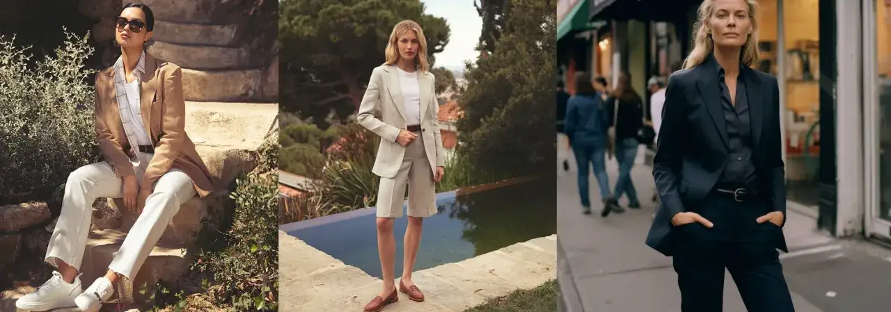 Tres modelos lucen trajes elegantes, uno con un look andrógino y moderno, otro con bermudas y mocasines, y el tercero con un traje oscuro en la ciudad.