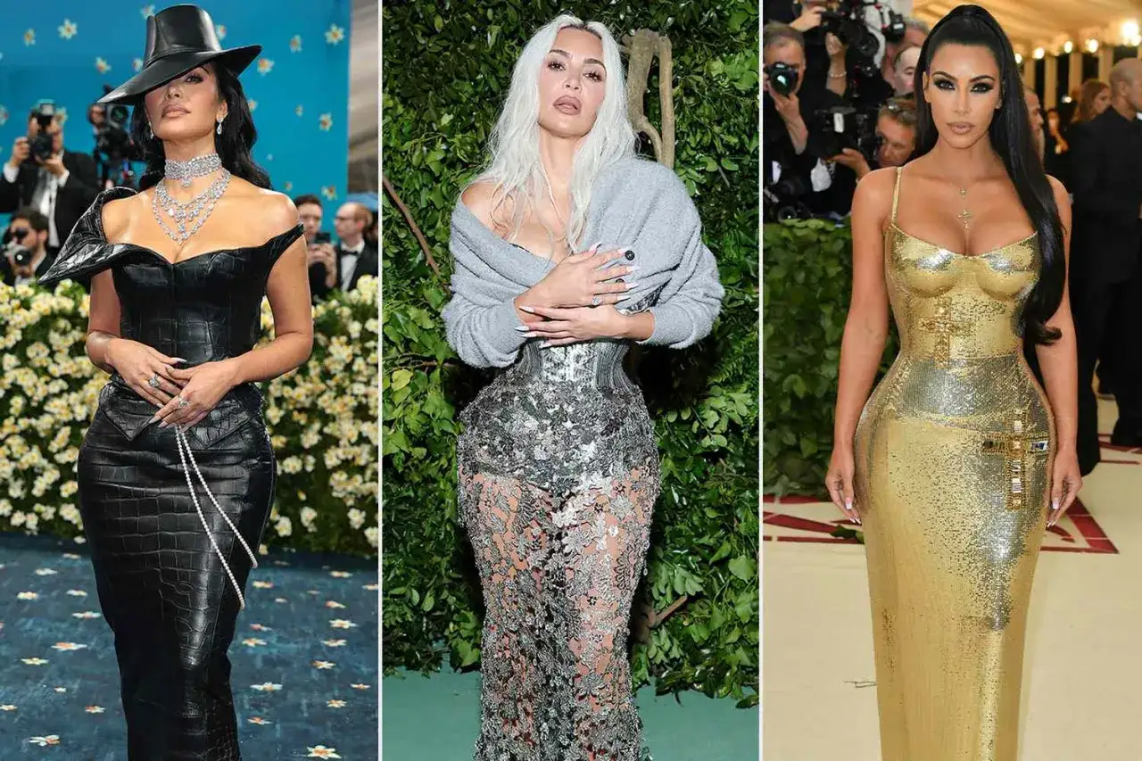 Kim Kardashian en tres looks icónicos del Met Gala: negro de cuero, plateado transparente y dorado brillante.