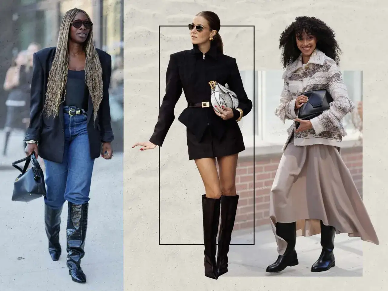 Tres mujeres muestran distintos tipos de botas: altas de charol, de caña ancha y de cuero.
