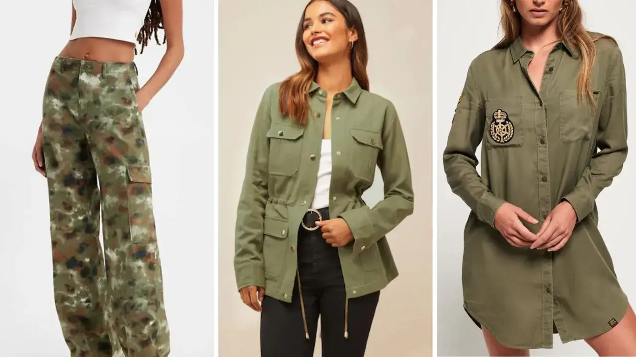Tres looks para combinar verde militar: pantalones cargo con estampado camuflado, chaqueta de estilo militar y vestido camisero con parches.