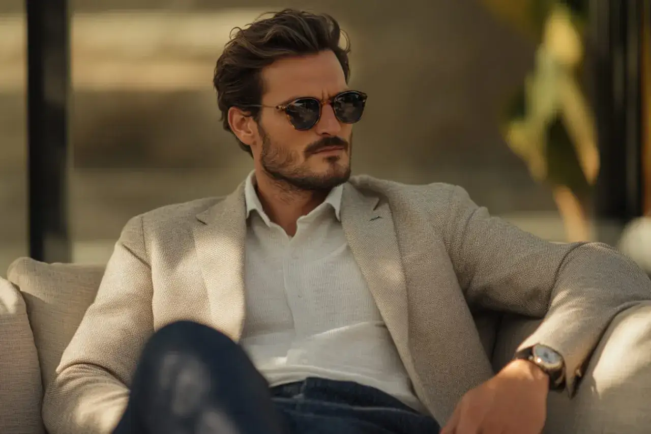 Hombre con estilo preppy, viste chaqueta beige, camisa clara y gafas de sol oscuras, relajado en un sofá.