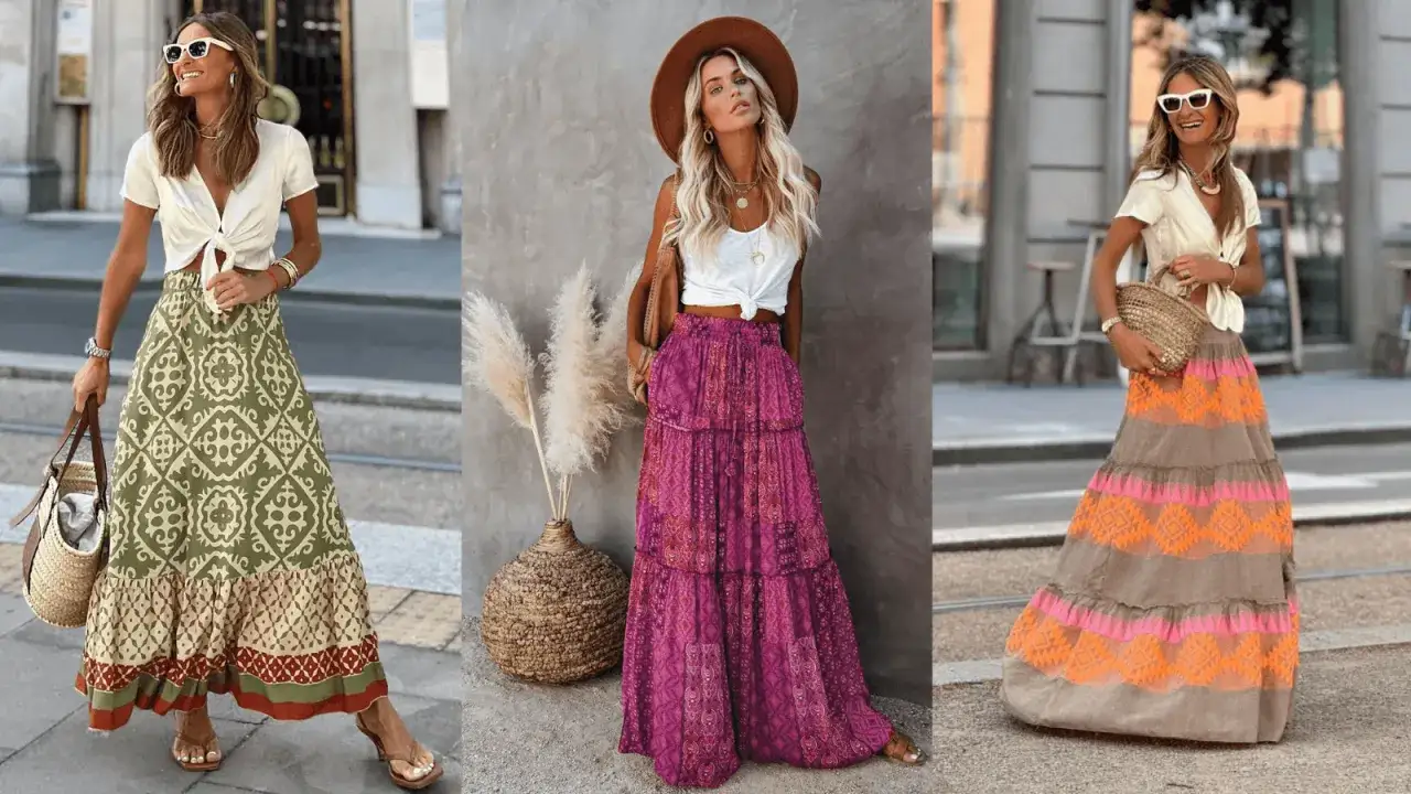 Tres mujeres lucen faldas largas y vaporosas con estampados vibrantes, un look perfecto de estilo bohemio para el verano.