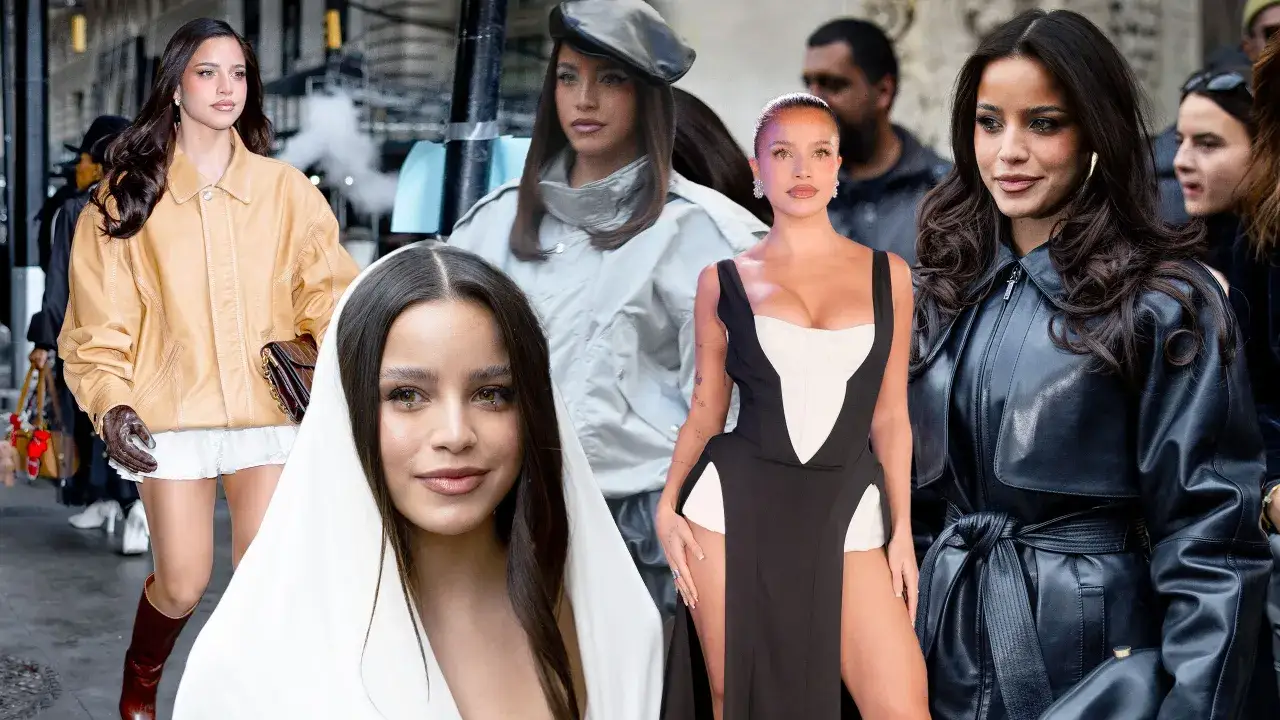 Emilia Mernes outfit: looks audaces con cuero negro, vestido blanco y negro, y chaqueta ocre.