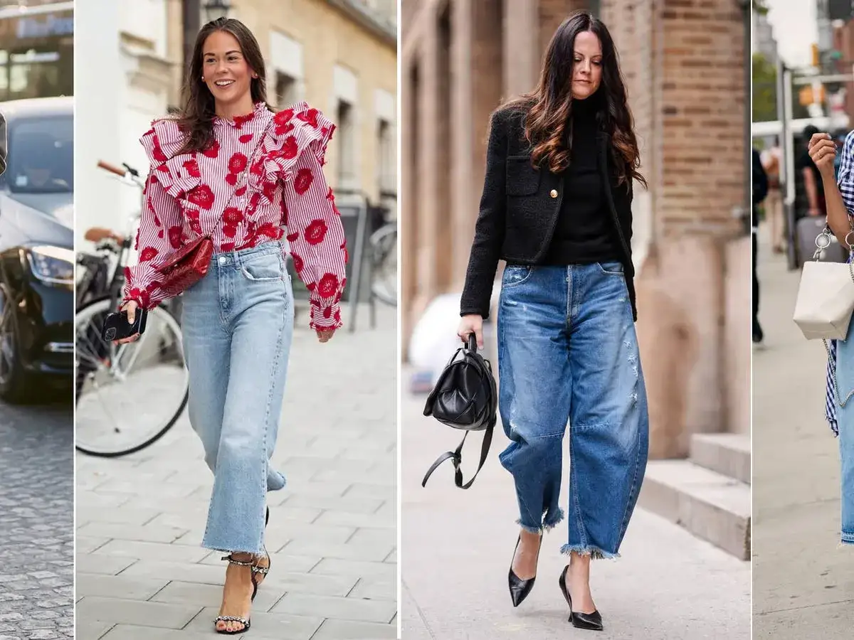 Mujeres con jeans de corte recto, uno con volantes rojos y otro más holgado. El straight fit significado es un estilo versátil.
