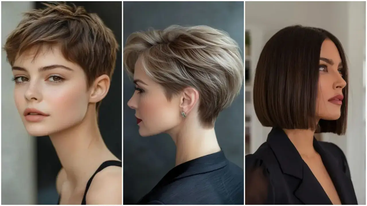 Tres cortes de pelo corto mujer de 60 años: pixie despeinado, bob rubio con capas y bob oscuro liso.