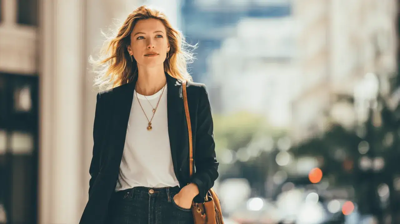 Mujer con un elegante atuendo smart casual, blazer negro, camiseta blanca y jeans, paseando por la ciudad.