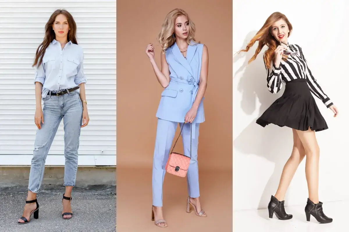 Tres mujeres bajitas lucen atuendos elegantes: jeans y camisa, traje azul y falda con blusa a rayas.