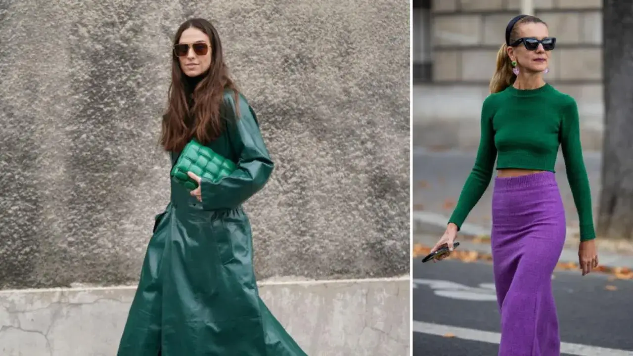Dos mujeres lucen atuendos elegantes. Una lleva un abrigo largo verde esmeralda y un bolso acolchado. La otra, un top verde esmeralda y una falda morada, demostrando colores que combinan con verde esmeralda.