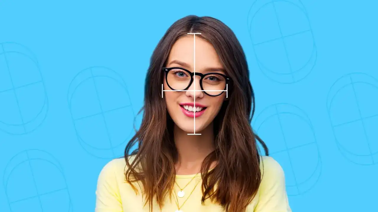Mujer sonriente con gafas de montura negra, su cara alargada y estrecha se mide con líneas blancas.