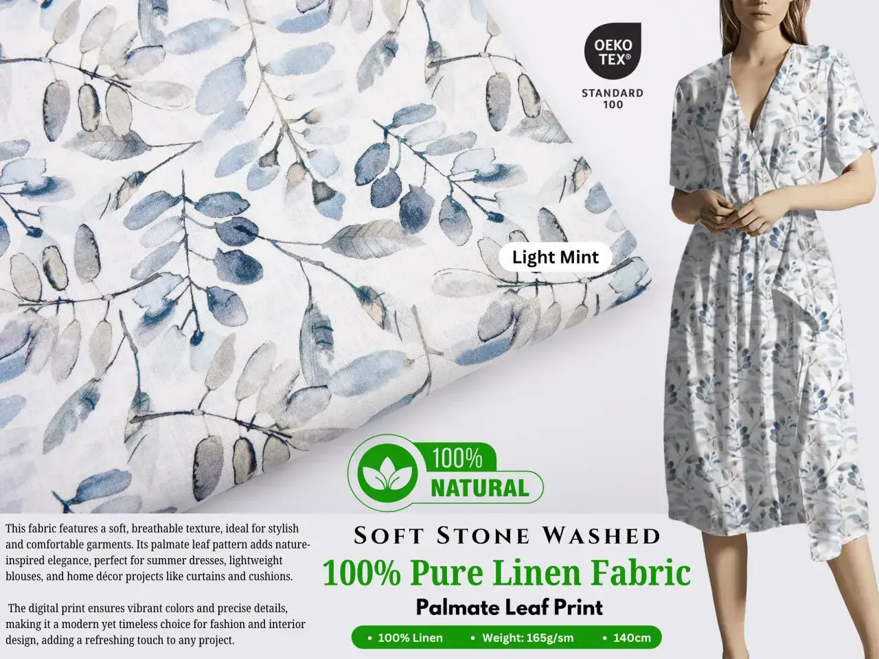 Tela 100% lino con estampado de hojas, suave y transpirable. Descubre qu&eacute; es el lino y su frescura natural.