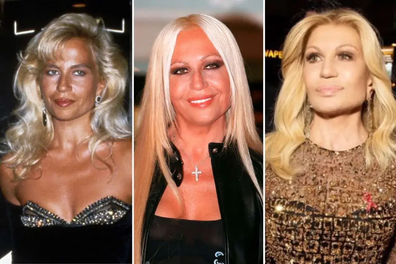 Donatella Versace joven y en diferentes etapas de su vida, mostrando su icónico estilo rubio y glamuroso.