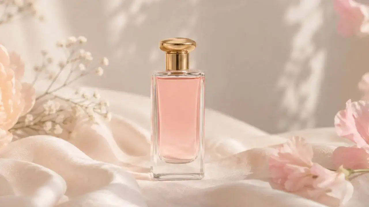 Elegante frasco de perfume rosa pálido, como un sueño de madame de rosa, rodeado de delicadas flores y seda.