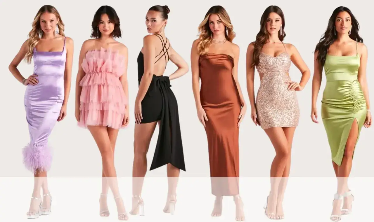 Seis mujeres lucen vestidos para un dress code cocktail: lila con plumas, rosa voluminoso, negro con lazo, marrón satinado, dorado lentejuelas y verde drapeado.