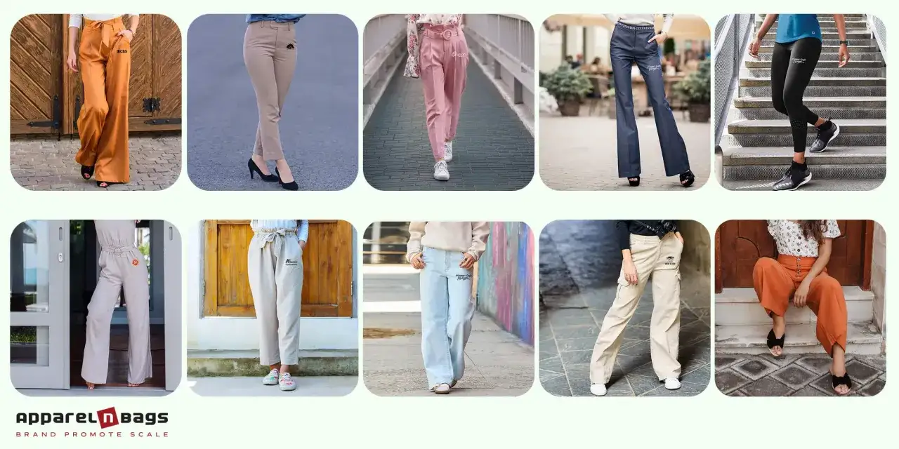 Variedad de tipos de pantalones: anchos, ajustados, de vestir, cargo y más, en diversos colores y estilos.