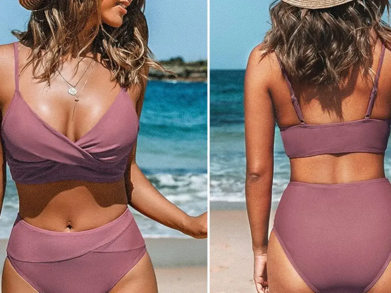 Este bikini de talle alto y top cruzado es ideal para disimular la barriga.