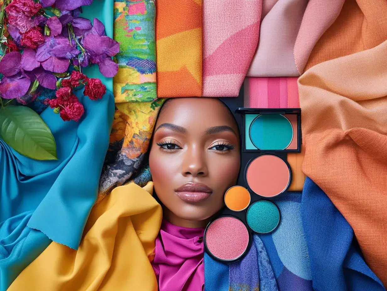 Explorando los tipos de colorimetría: rostro de mujer rodeado de telas vibrantes y paletas de maquillaje en tonos cálidos y fríos.