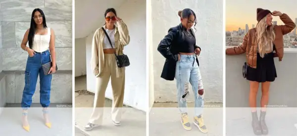 Cuatro looks de moda, uno con estilo cutecore, combinando prendas casuales y chic para un look urbano.