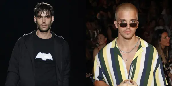 Dos modelos españoles hombres, uno con camiseta negra y logo de Batman, el otro con camisa a rayas y gafas de sol.